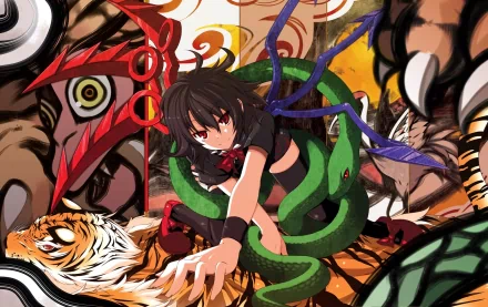 HD PC desktop wallpaper of anime character Nue Houjuu from Touhou, crouching among coiling green snakes, tiger imagery and bold, chaotic colorful patterns.
