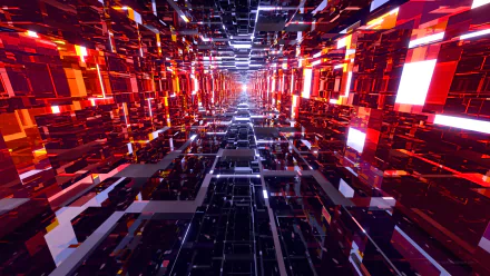 HD 3D abstract tunnel in red and black squares created with Blender, forming a dynamic, futuristic desktop wallpaper and background.