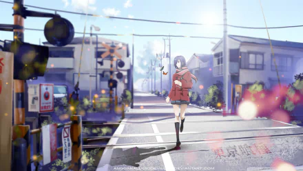 HD desktop wallpaper featuring Touka Kirishima from the anime Tokyo Ghoul, shown walking down a quiet, sunlit street with a railroad crossing in the background.