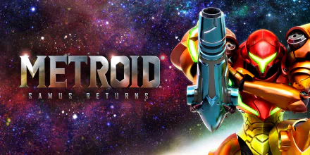 HD desktop wallpaper of Metroid: Samus Returns featuring the iconic Samus Aran in her power suit with the game's logo and a cosmic background.