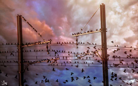 2K Quad HD PC desktop wallpaper: silhouetted birds (animals) perched on power wires and poles, many taking flight against a dramatic sunset sky.
