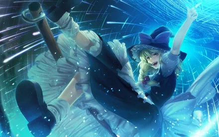 A vibrant HD wallpaper featuring Marisa Kirisame from the anime Touhou, showcasing her dynamic pose amidst swirling magical energy and an enchanting blue backdrop.