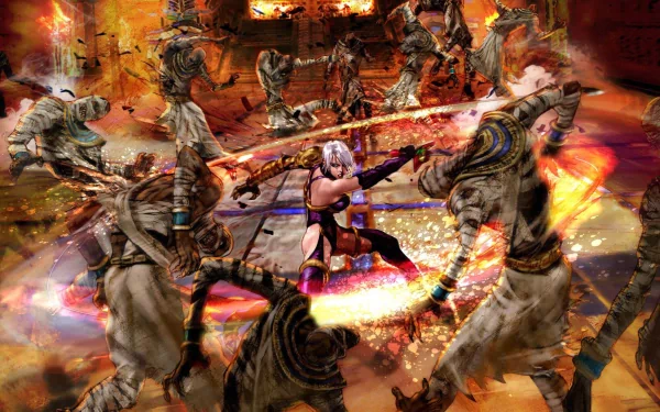 HD PC desktop wallpaper featuring an intense battle scene from the video game Soulcalibur, showcasing a warrior fighting multiple armored opponents in a fiery arena.