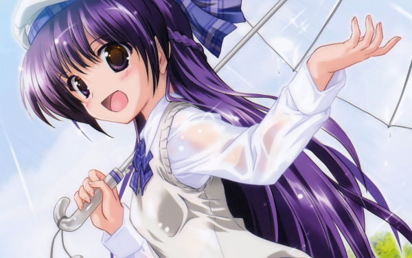 Anime Original Long Hair Umbrella Purple Hair Purple Eyes Smile Blush Hat Rain Braid HD Wallpaper | Background Image