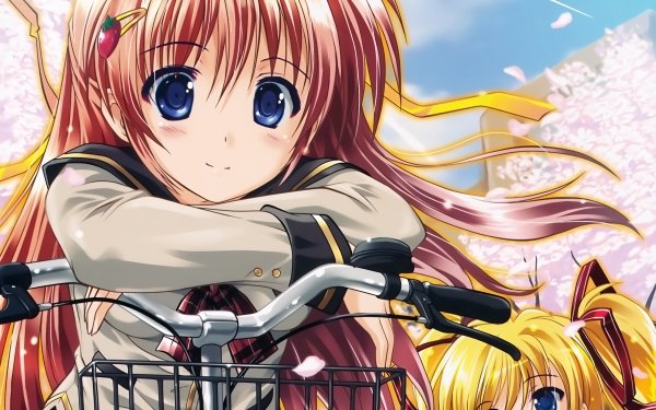 Anime Original Long Hair Brown Hair Blonde Bike Smile Blush Twintails Cherry Blossom Blue Eyes HD Wallpaper | Background Image