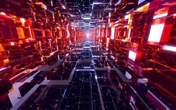 HD 3D abstract tunnel in red and black squares created with Blender, forming a dynamic, futuristic desktop wallpaper and background.
