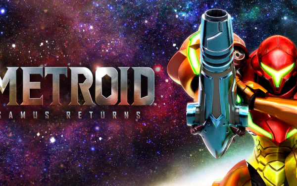 HD desktop wallpaper of Metroid: Samus Returns featuring the iconic Samus Aran in her power suit with the game's logo and a cosmic background.
