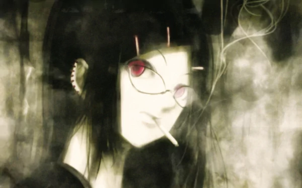 Anime-style original character with long black hair, red eyes, glasses, earrings, and a cigarette, set against a smoky, dark background in HD quality.