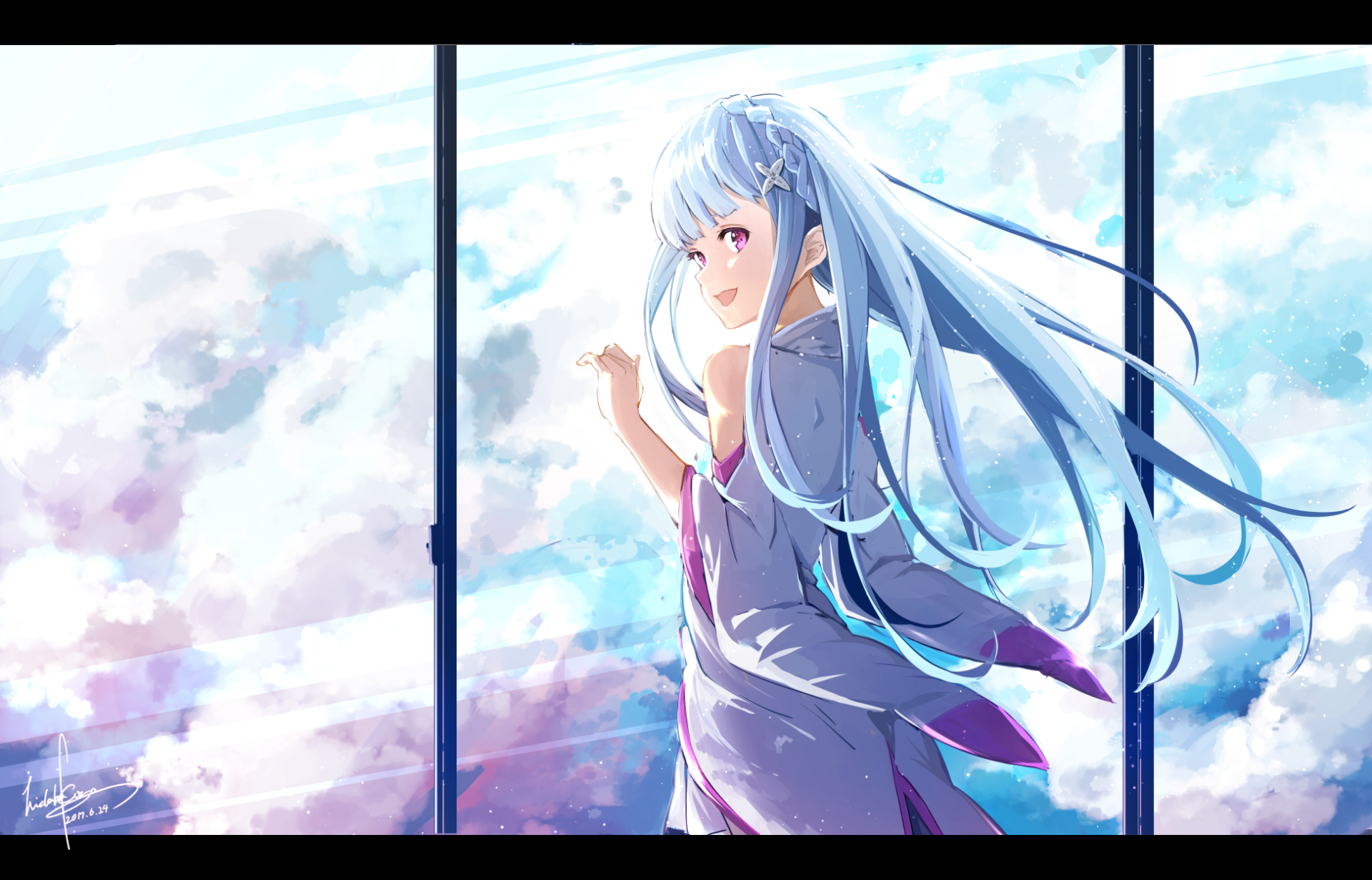 An HD desktop wallpaper featuring Emilia from Re:Zero - Starting Life in Another World, set against a backdrop of a serene sky with clouds, showcasing her with flowing silver hair and a gentle expression.
