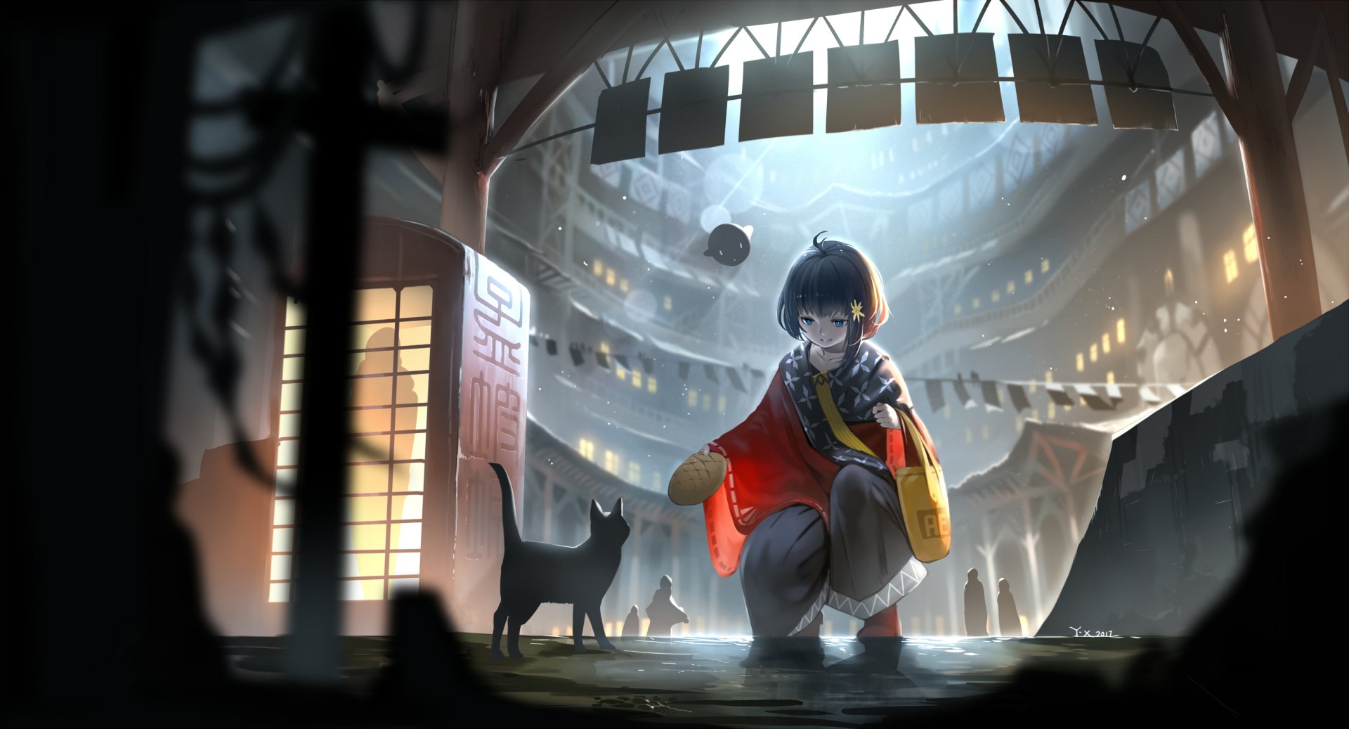 HD desktop wallpaper featuring a short-haired anime character with blue eyes, squatting down in an illuminated alley with a black cat, showcasing intricate background details and a serene ambiance.