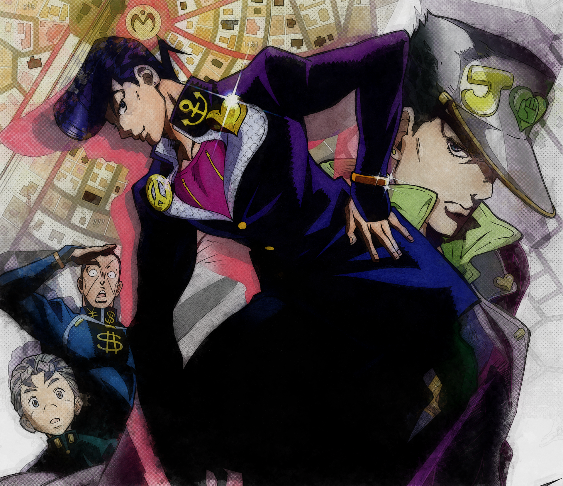 HD PC wallpaper of JoJo's Bizarre Adventure showing Josuke Higashikata, Jotaro Kujo, Okuyasu Nijimura and Koichi Hirose in bold, dynamic poses with comic-style shading.