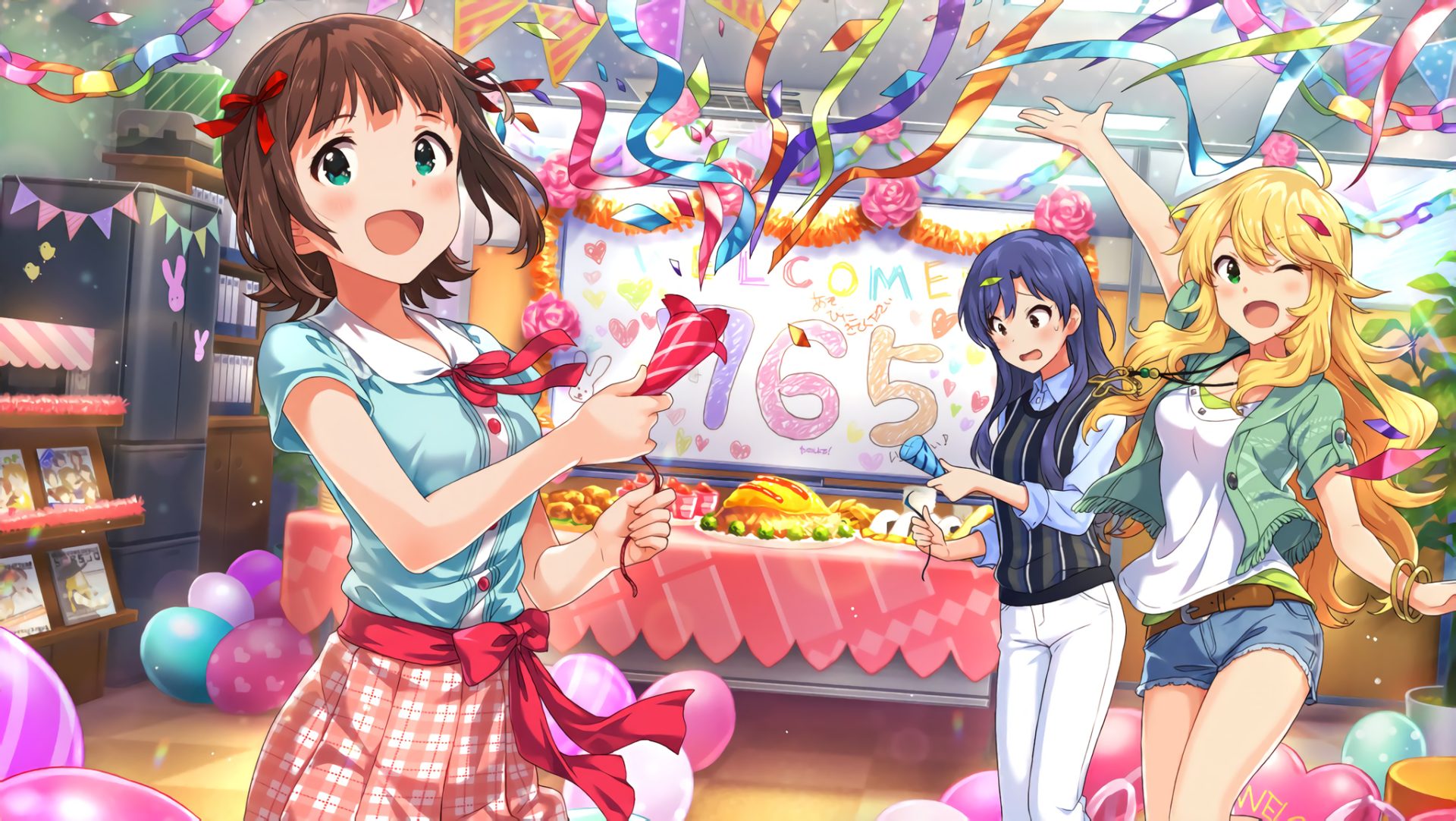 HD anime wallpaper from THE iDOLM@STER: Million Live! featuring Chihaya Kisaragi, Miki Hoshii, and Haruka Amami celebrating with colorful decorations and confetti.