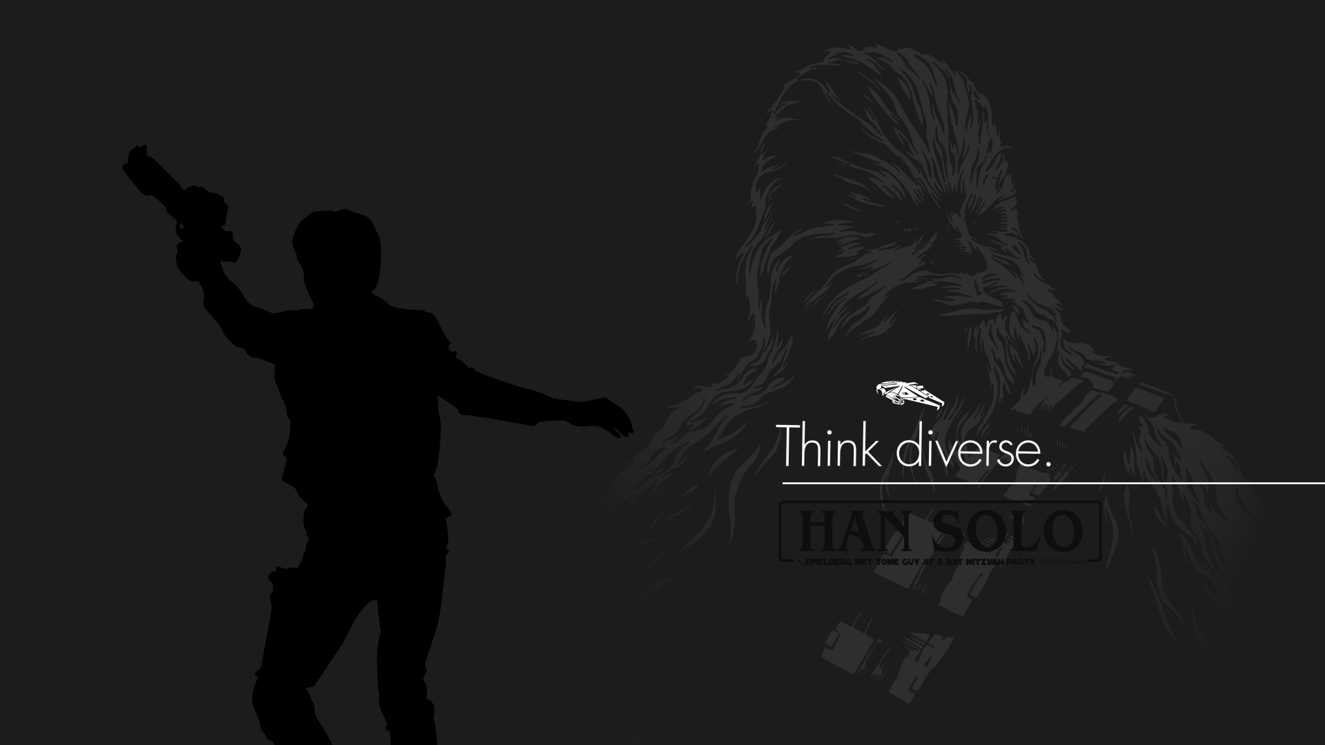 An 8K Ultra HD PC wallpaper featuring silhouettes of Han Solo and Chewbacca from Star Wars: The Last Jedi with the text Think diverse.