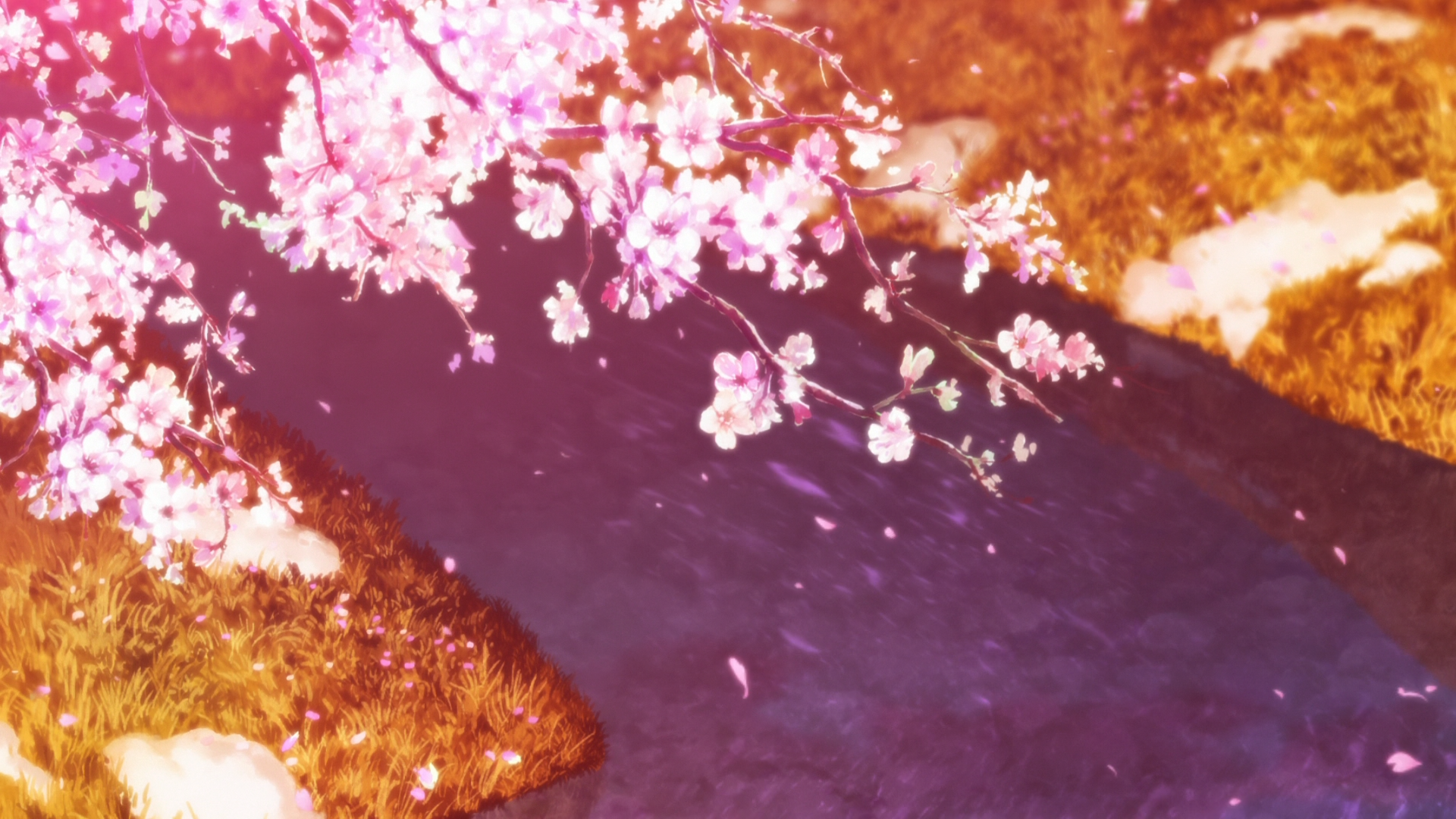 A serene HD desktop wallpaper featuring cherry blossoms over a tranquil stream, inspired by the anime Hyouka. Captures a peaceful, nature-filled atmosphere.