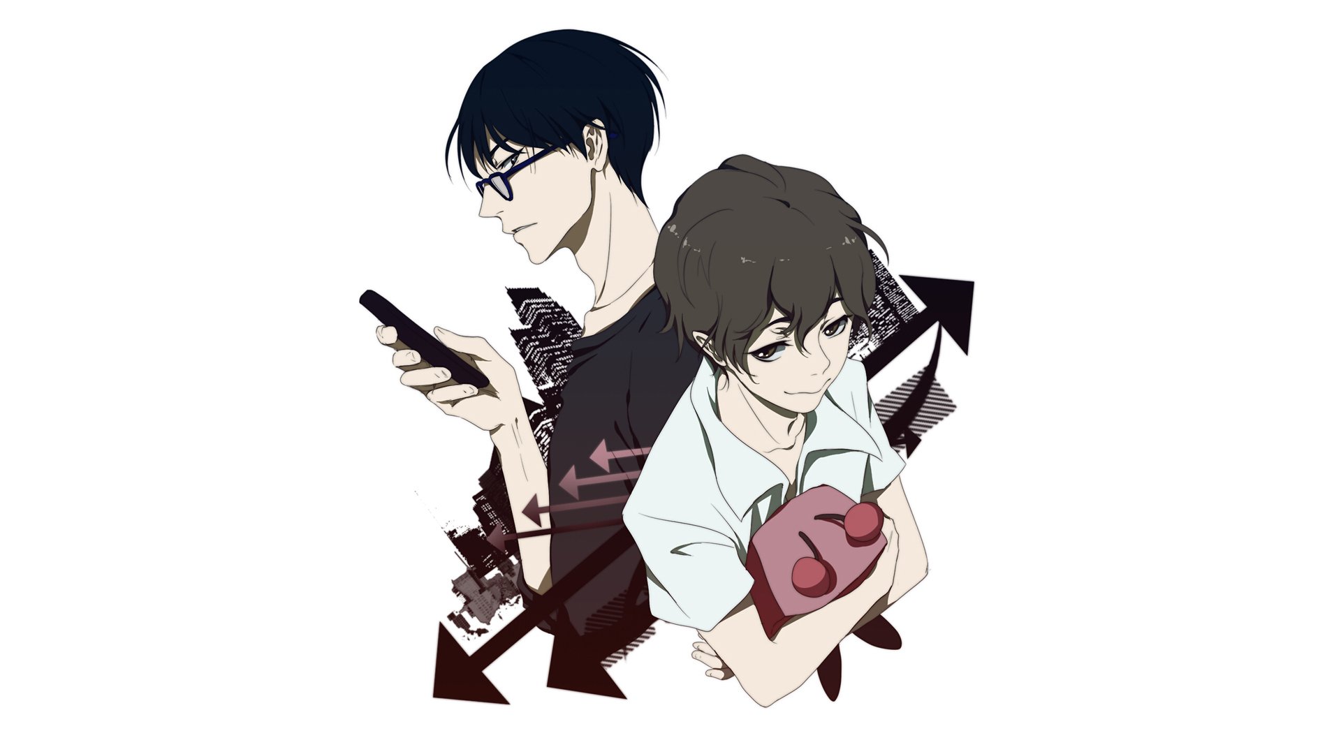 HD anime desktop wallpaper featuring two characters from Zankyou No Terror, one with glasses holding a phone and the other holding a teddy bear against a white background.