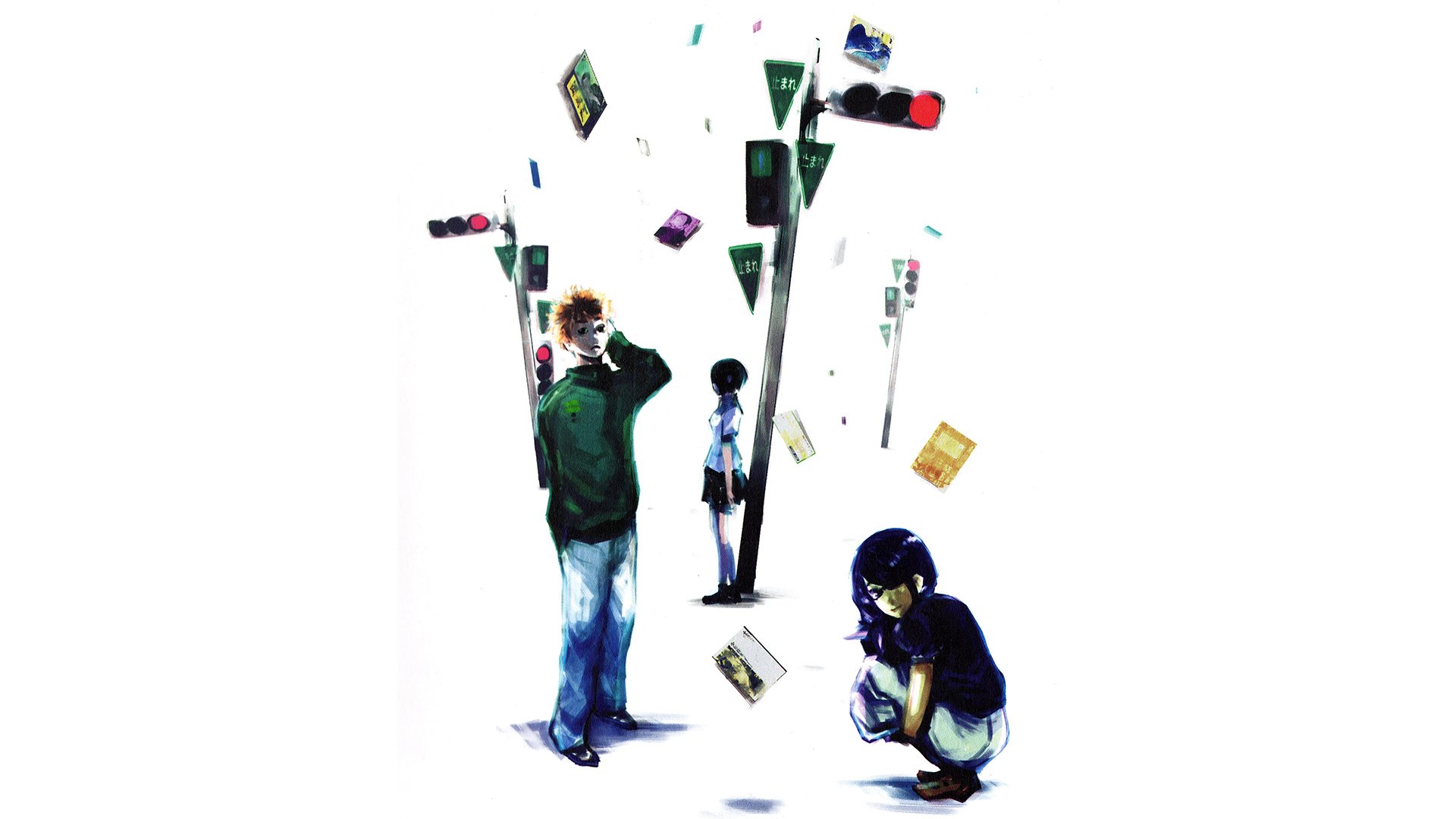 HD anime desktop wallpaper featuring characters from Tokyo Ghoul with a minimalistic white background and scattered objects creating a dynamic scene.