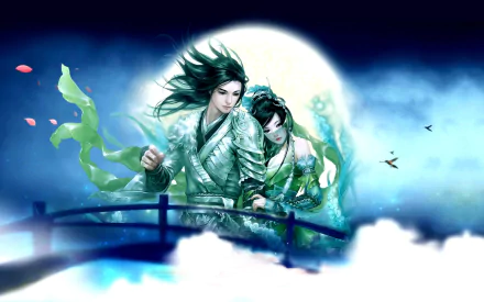 A romantic couple stands together under a full moon, surrounded by ethereal clouds and vibrant colors, inspired by the oriental themes of JX Online.