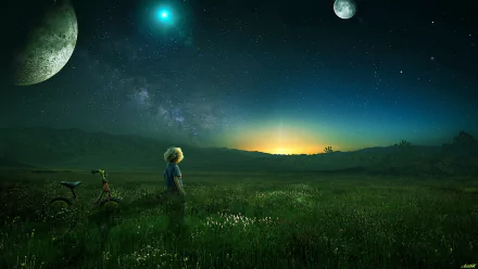 A little boy stands beside a bicycle in a field under a starry sky with planets, blending photography and Photoshop in this HD desktop wallpaper and digital manipulation.
