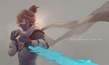 HD wallpaper featuring Link from The Legend of Zelda: Breath of the Wild, showcasing him with glowing blue sword, scarf flowing in the wind.