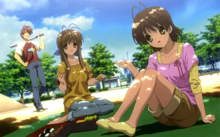 A vibrant Clannad wallpaper featuring Sanae, Akio, and Nagisa Furukawa enjoying a sunny day outdoors, surrounded by trees and a picnic setup.