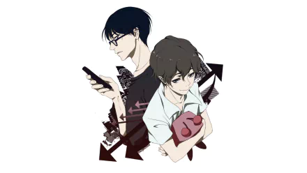 HD anime desktop wallpaper featuring two characters from Zankyou No Terror, one with glasses holding a phone and the other holding a teddy bear against a white background.