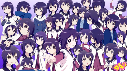 HD anime YuruYuri PC desktop wallpaper showing a dense collage of purple-haired schoolgirls in varied poses and expressions.