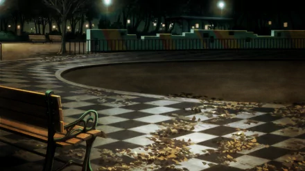 HD PC desktop wallpaper — anime Welcome to the N.H.K. scene: empty nighttime park with a bench, checkerboard pavement, scattered autumn leaves and soft lamplight.