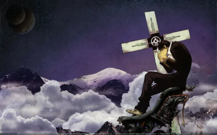 Anime HD desktop wallpaper from Trigun featuring a character seated on a futuristic chair holding a cross, set against a mountainous night sky with clouds.