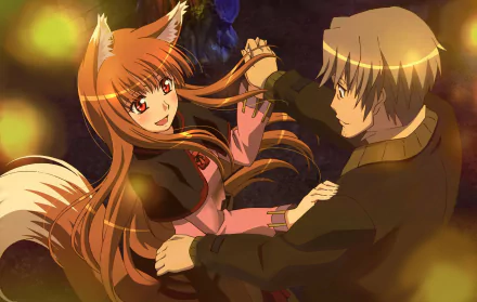 Holo and Kraft Lawrence from the anime Spice and Wolf share a dance, captured in a vibrant HD PC desktop wallpaper background.