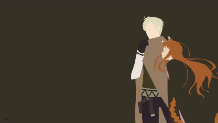 Minimalist HD anime wallpaper featuring Kraft Lawrence and Holo from Spice and Wolf, with brown and blonde hair, animal ears, gloves, and coats on a dark background.