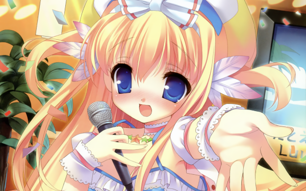 Anime Music Blush Microphone Hat bow Feather Long Hair Blue Eyes Blonde Confetti HD Wallpaper | Background Image
