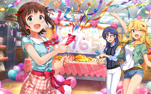 HD anime wallpaper from THE iDOLM@STER: Million Live! featuring Chihaya Kisaragi, Miki Hoshii, and Haruka Amami celebrating with colorful decorations and confetti.