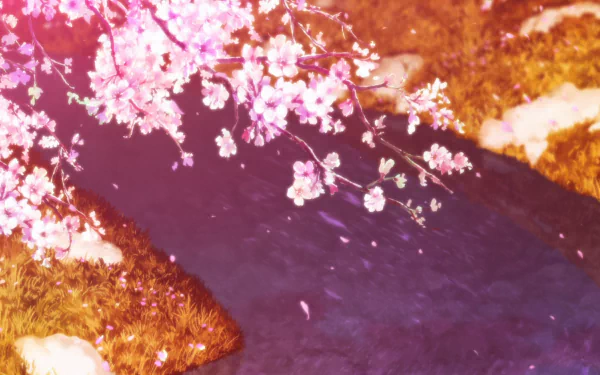 A serene HD desktop wallpaper featuring cherry blossoms over a tranquil stream, inspired by the anime Hyouka. Captures a peaceful, nature-filled atmosphere.