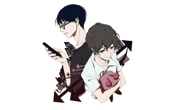 HD anime desktop wallpaper featuring two characters from Zankyou No Terror, one with glasses holding a phone and the other holding a teddy bear against a white background.