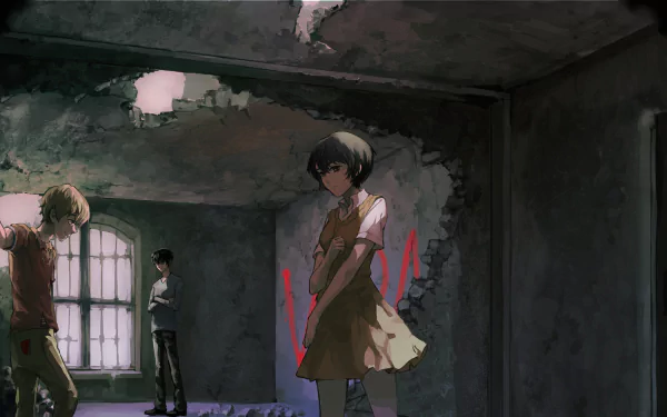 HD anime desktop wallpaper featuring characters from Zankyou No Terror standing in a dim, dilapidated room with light streaming through a cracked window.