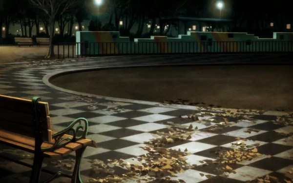 HD PC desktop wallpaper — anime Welcome to the N.H.K. scene: empty nighttime park with a bench, checkerboard pavement, scattered autumn leaves and soft lamplight.