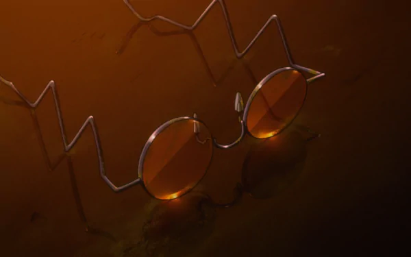 Anime Trigun HD PC desktop wallpaper: close-up of round orange-tinted glasses with jagged zigzag arms resting on a warm, scratched brown surface.