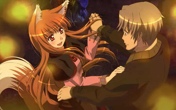 Holo and Kraft Lawrence from the anime Spice and Wolf share a dance, captured in a vibrant HD PC desktop wallpaper background.