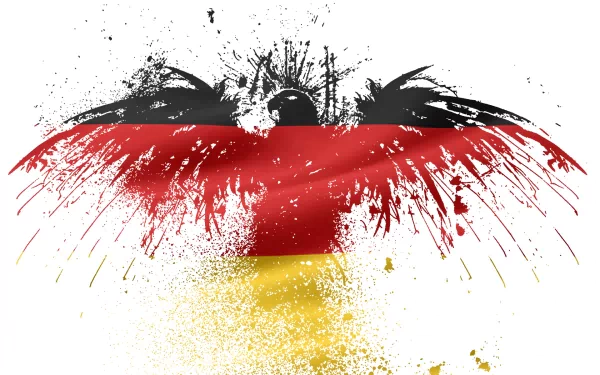 HD desktop wallpaper featuring the German flag creatively blending with a stylized black eagle design and dynamic paint splatter effects.