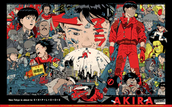 A dynamic HD anime wallpaper featuring iconic scenes and characters from Akira, showcasing a vibrant, dystopian Tokyo and intense action elements.