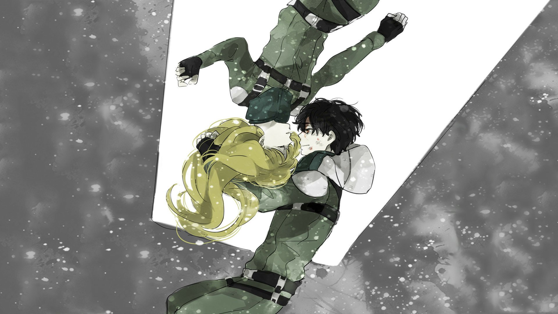 HD anime desktop wallpaper from Aldnoah.Zero, featuring two characters in combat suits floating against a monochrome, starry background.