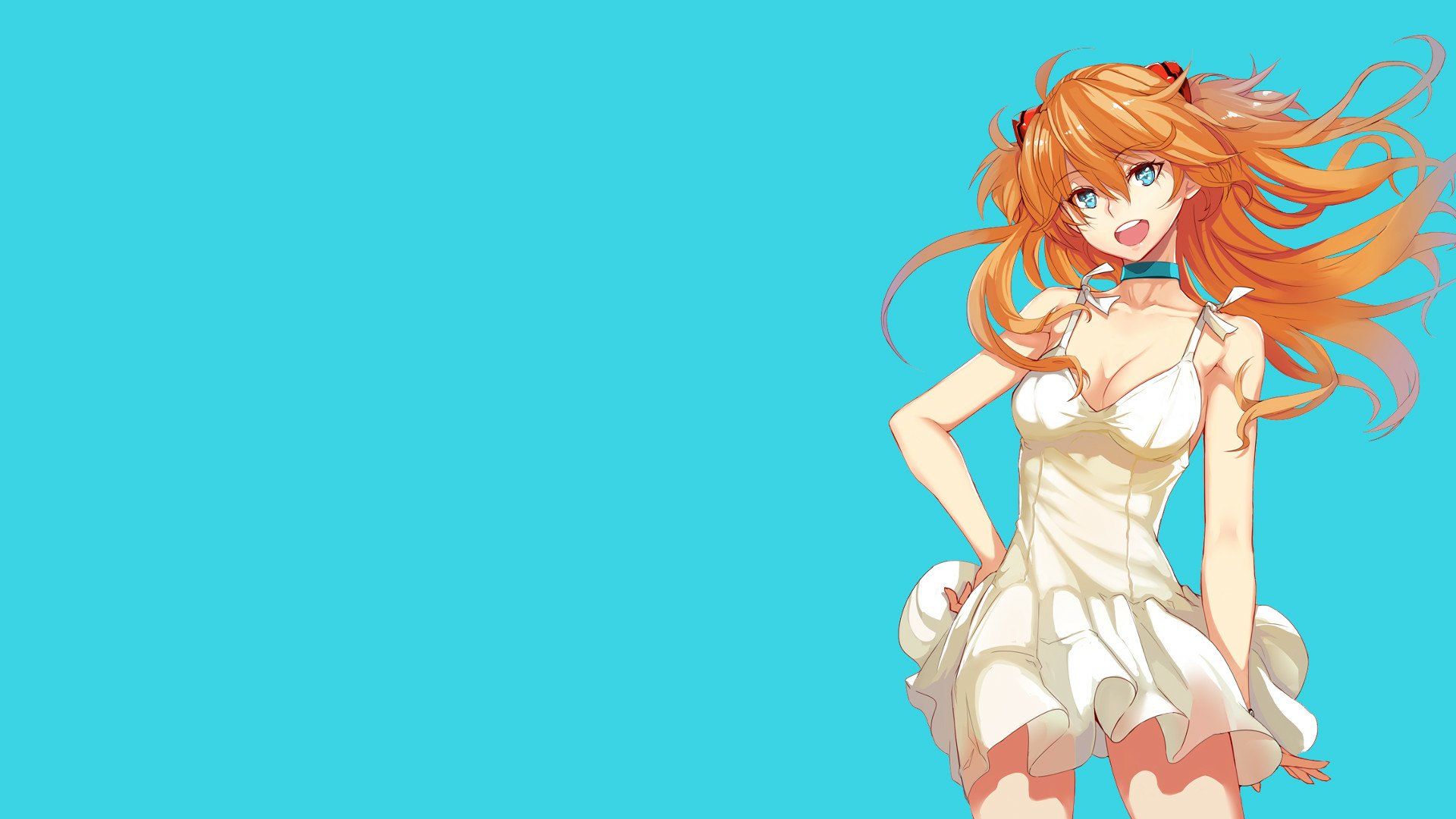 HD PC desktop wallpaper featuring Asuka Langley Sohryu from the anime Neon Genesis Evangelion, showcasing her in a white dress against a bright blue background.
