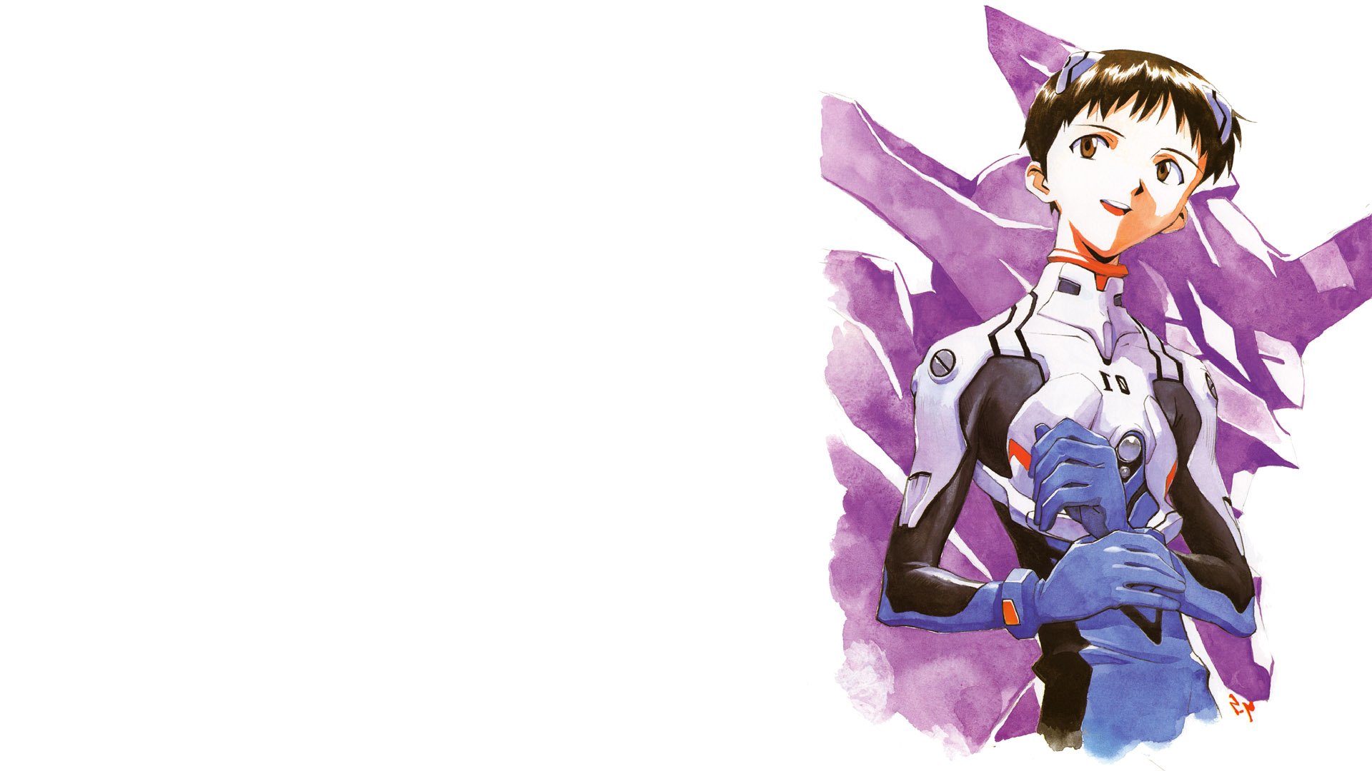 HD PC desktop wallpaper of Shinji Ikari from Neon Genesis Evangelion in his plugsuit, standing against a purple watercolor background on the right.