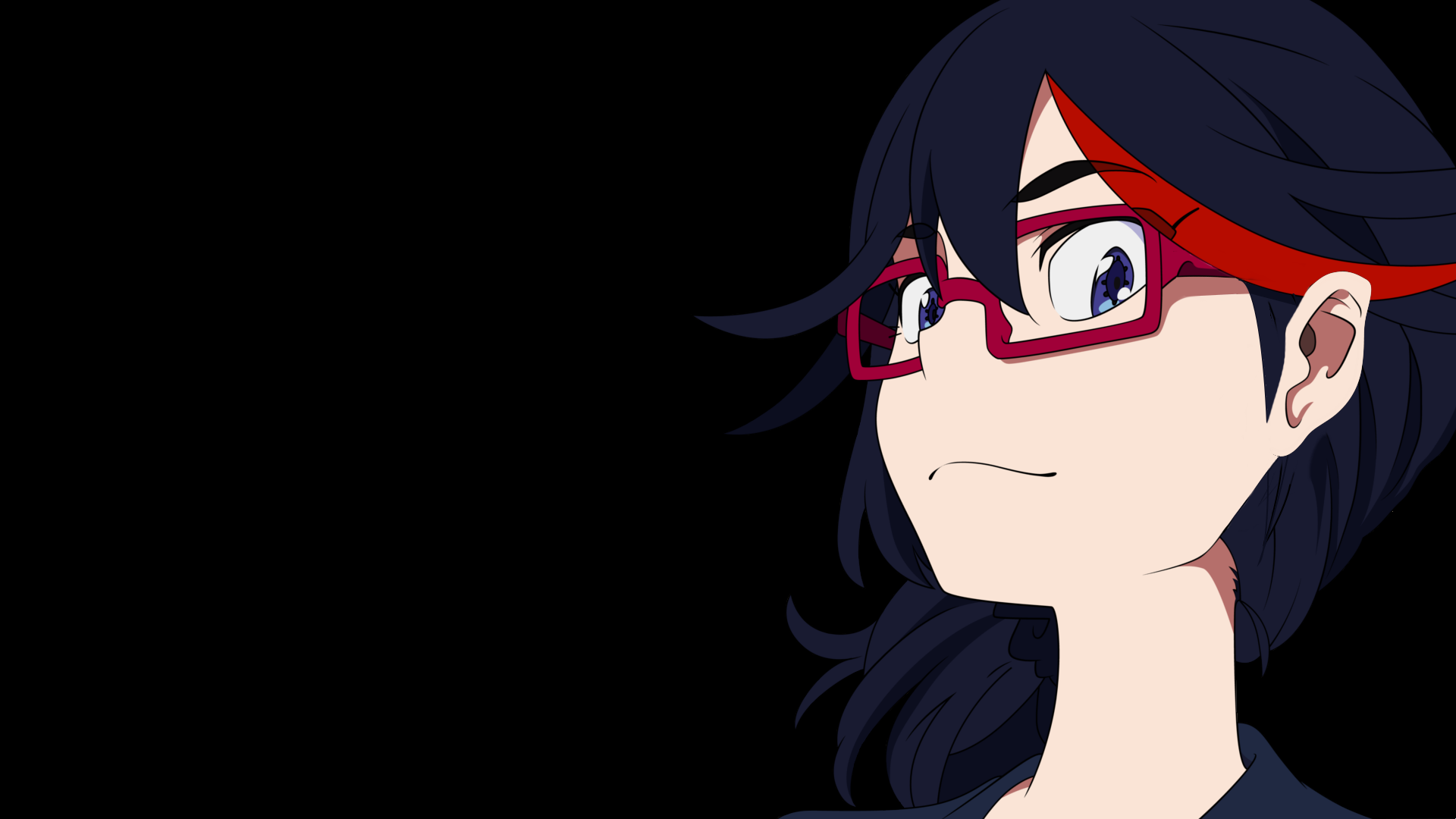 Ryūko Matoi from Kill La Kill — anime HD PC desktop wallpaper/background, close-up with red-framed glasses and dark hair against a black backdrop.