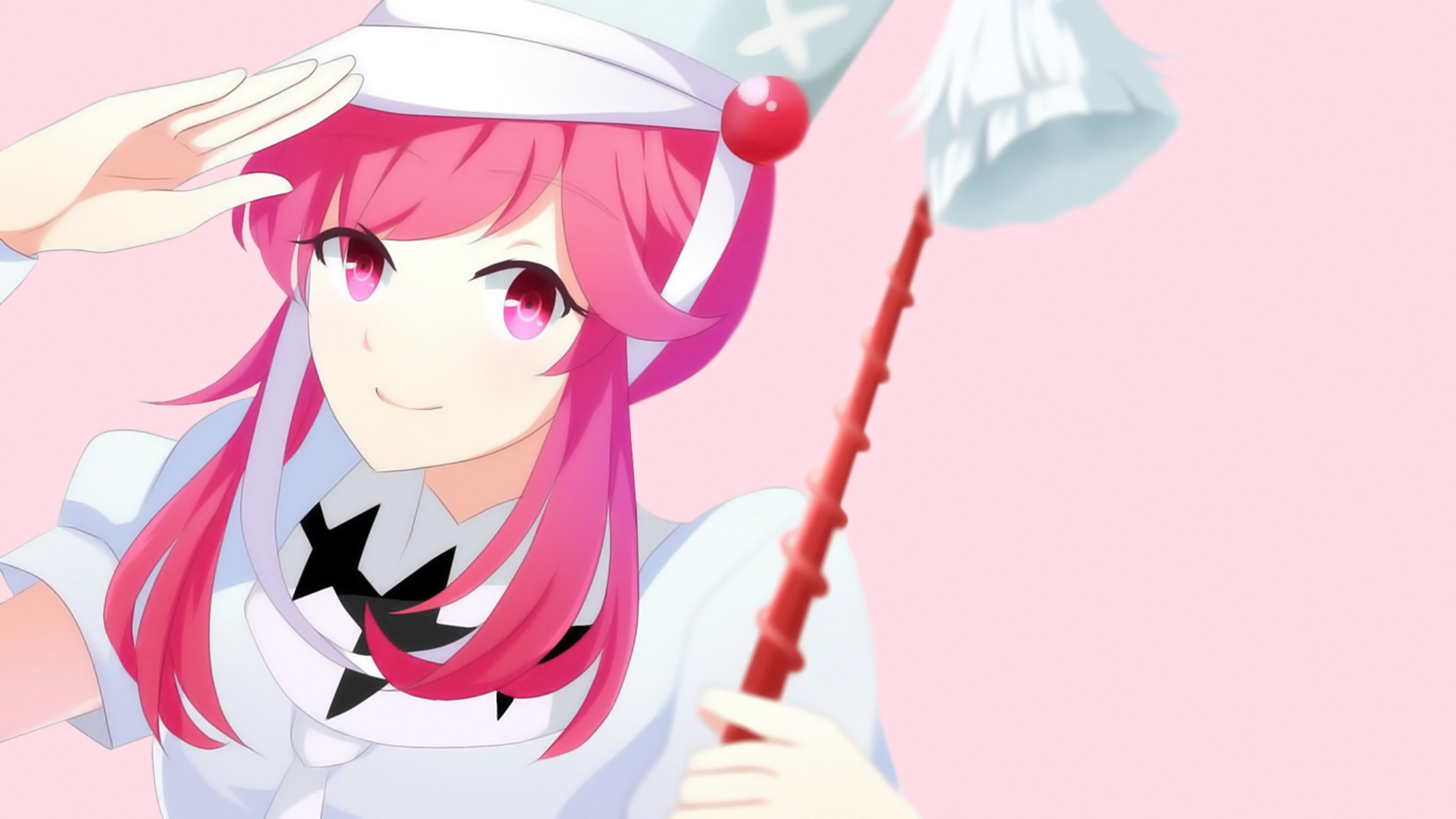 HD anime desktop wallpaper featuring Nonon Jakuzure from Kill La Kill with bright pink hair and a playful expression against a soft pink background.