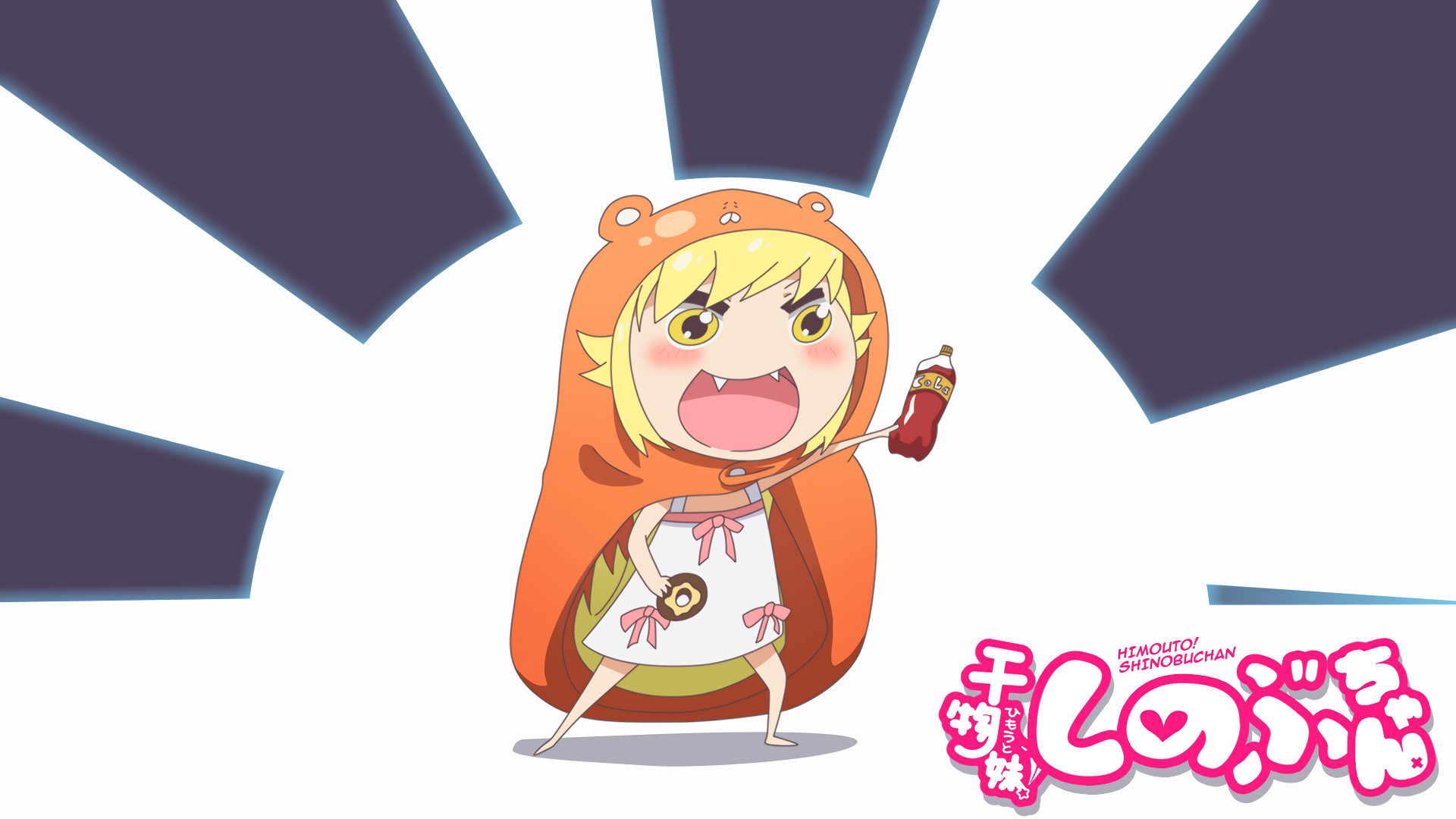 Umaru Doma and Shinobu Oshino anime crossover depicted in vibrant 4K Ultra HD PC desktop wallpaper with dynamic, expressive poses and bright background rays.