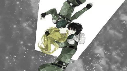 HD anime desktop wallpaper from Aldnoah.Zero, featuring two characters in combat suits floating against a monochrome, starry background.