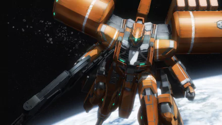 HD PC desktop wallpaper featuring a detailed orange and white mecha from the anime Aldnoah.Zero against the backdrop of space and a planet below.