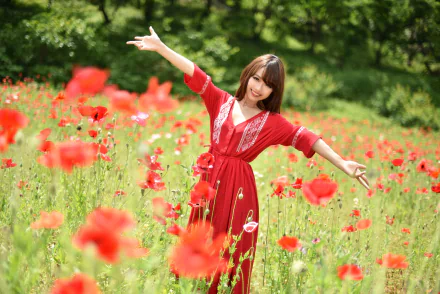 red flower bokeh flower summer poppy smile brown eyes brunette red dress model woman asian HD Desktop Wallpaper | Background Image