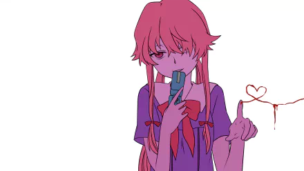 HD PC desktop wallpaper featuring Yuno Gasai from the anime Mirai Nikki, showing her with pink hair, holding a gun, and a heart-shaped blood trail.